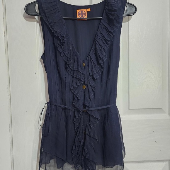 Tory Burch Tops - Vintage Blue Silk Ruffle Blouse
